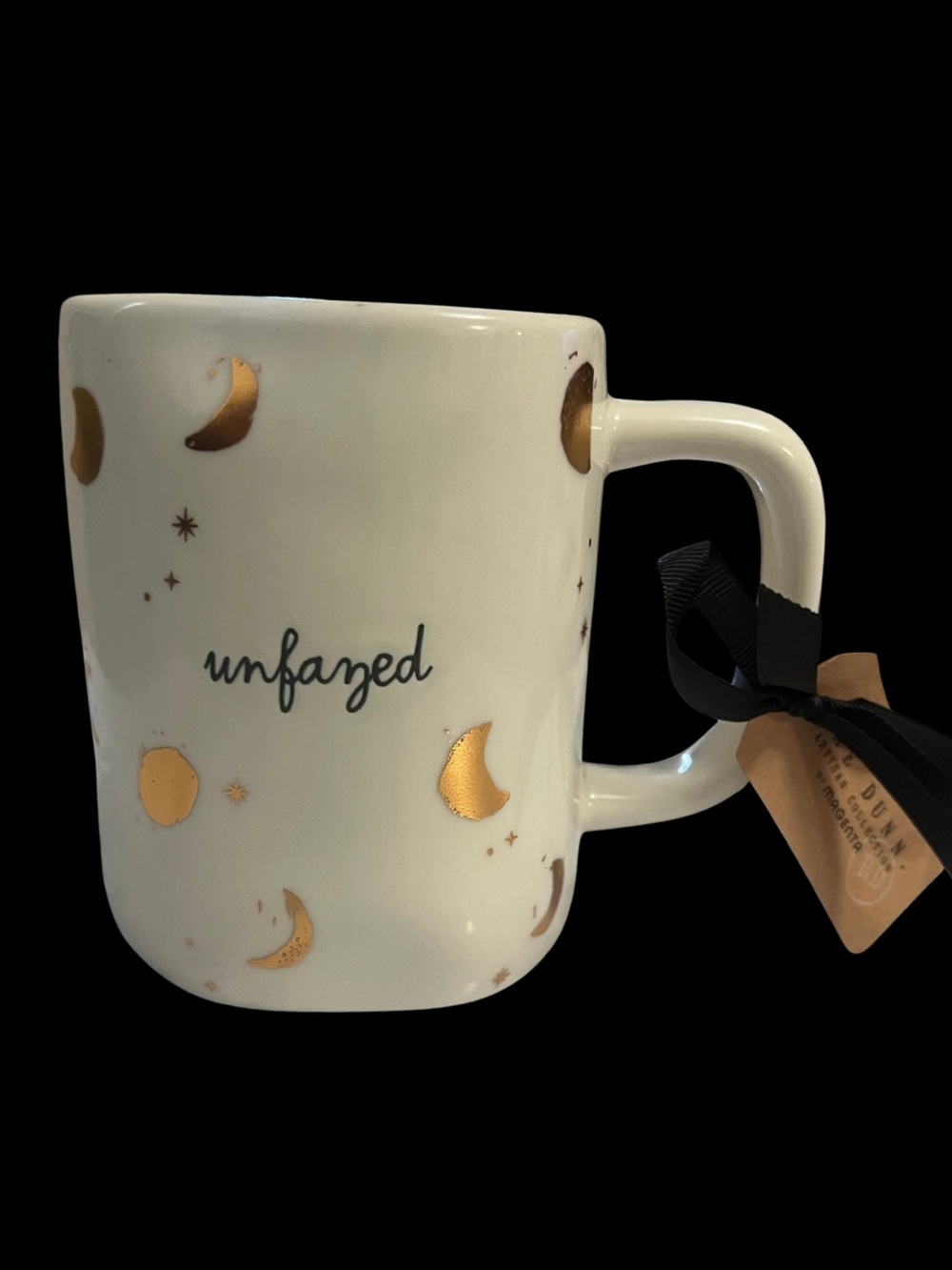 Rae Dunn White Mug with Gold Moon Accents and 'unfazed' Script